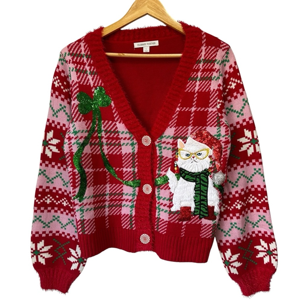 Christmas Red Pink Plaid Holiday Santa Cat Cardigan Sweater, Large